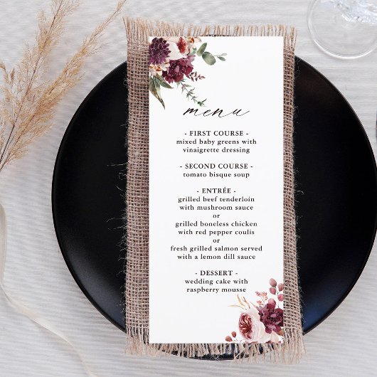 Menu Automne Romance Aquarelle Mariage Floral