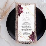 Menu Automne Romance Gold Frame Bourgogne Mariage<br><div class="desc">Ce menu mariage est composé d'une couronne de fleurs d'aquarelle de dahlias, de roses de jardin et de pivoines en rouge bordeaux, marron, rose vif sur les feuilles d'automne avec un cadre en faux diamant doré. Pour une personnalisation plus avancée de cette conception, cliquez sur le BOUTON OUTIL DESIGN BLEU....</div>