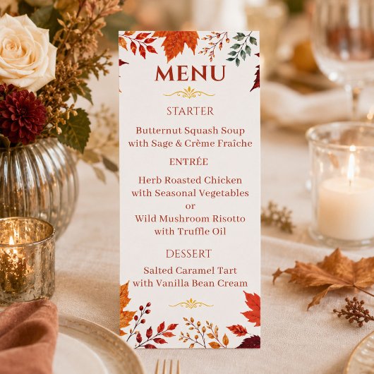 Menu Automne rustique feuilles ivoire et orange