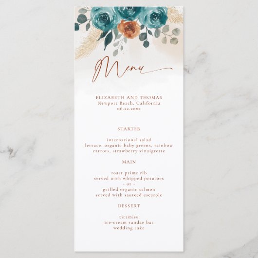 Menu Automne Turquoise Burnt Orange Rose Aquarelle vert (Devant)