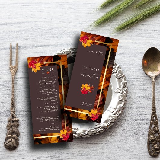 Menu Automne Woody Brown & Elegant Golden Frame Mariage