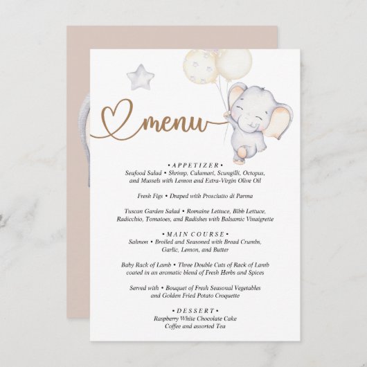 Menu Baby Elephant Baby shower (Voorkant / Achterkant)
