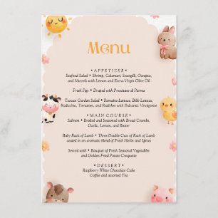 Menu Baby shower Animaux de ferme
