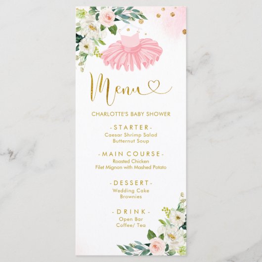 Menu Baby shower Ballerina Tutu rose et or (Devant)