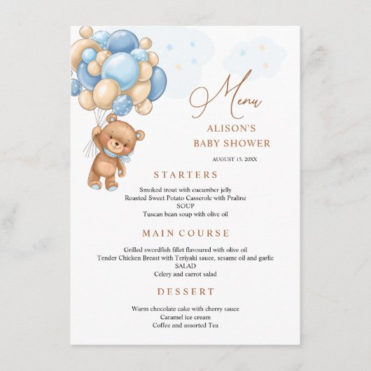 Menu Baby shower Bear Blue Balloons (Devant)