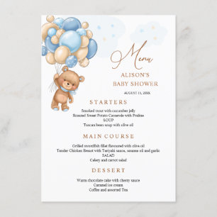 Menu Baby shower Bear Blue Balloons