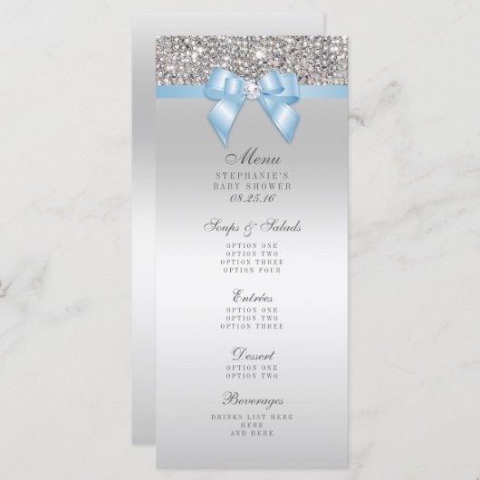 Menu Baby shower Bleu Bow pour bébés Sequin d'arge (Devant / Derrière)