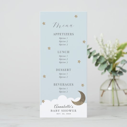 Menu Baby shower bleu Twinkle Little Star Moon (Debout devant)