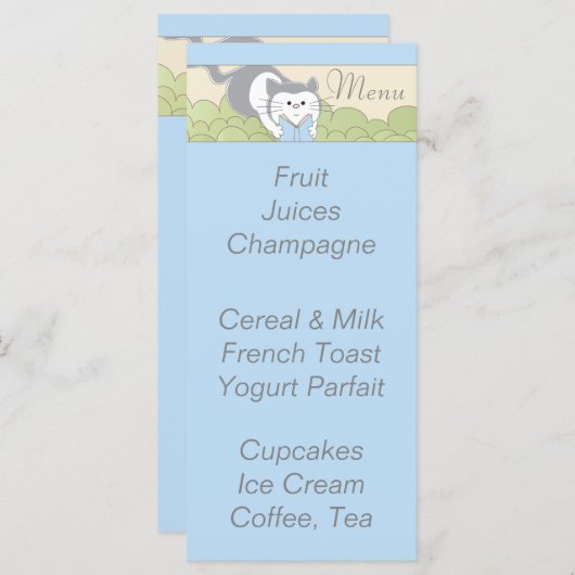 Menu baby shower "Blue Cat Library" (Devant / Derrière)