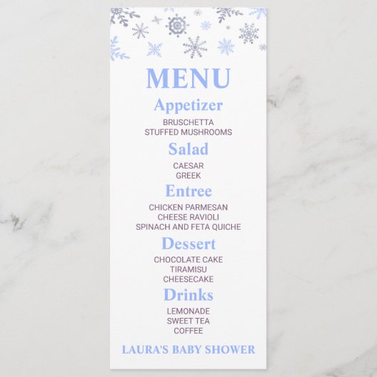 Menu Baby shower Blue Snowflake (Devant)