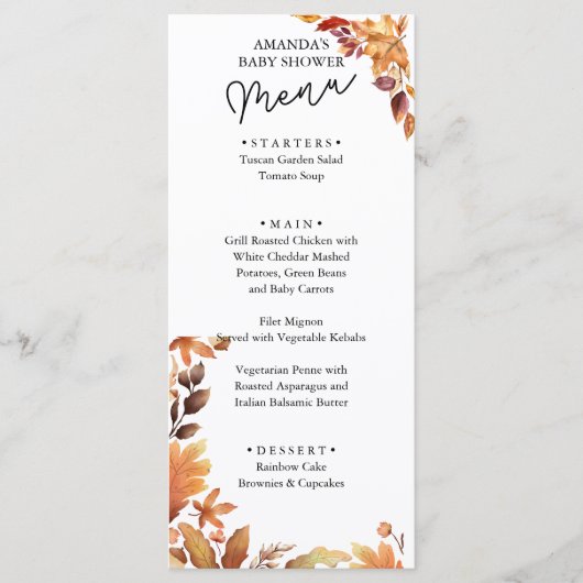 Menu Baby Shower bohème rustique d'automne (Devant)