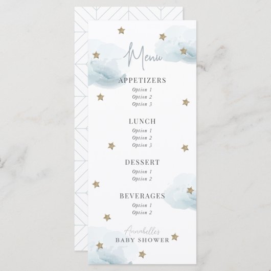 Menu Baby shower d'aquarelle Cloud 9 étoiles (Devant / Derrière)