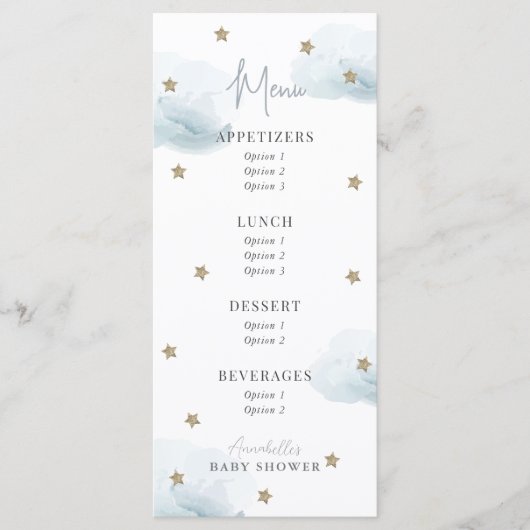 Menu Baby shower d'aquarelle Cloud 9 étoiles (Devant)