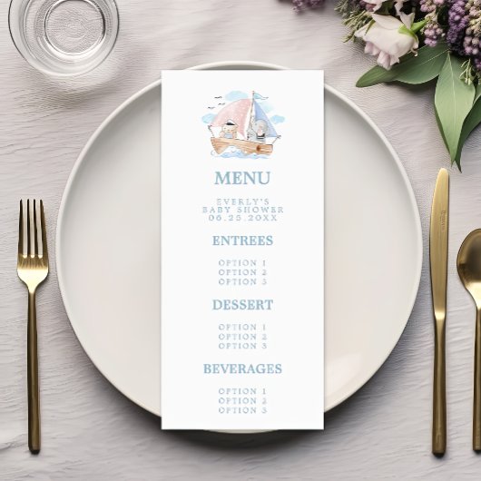 Menu Baby shower d'aquarelle de l'Ours Nautique