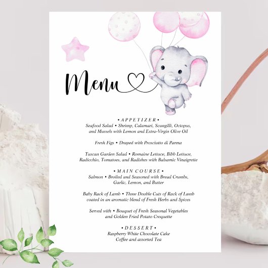 Menu Baby shower d'aquarelle rose éléphant