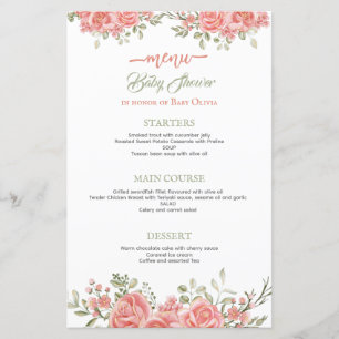 Menu Baby shower de boue florale or et rose