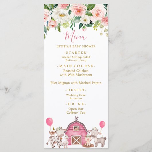 Menu Baby shower de ferme rose fille (Devant)