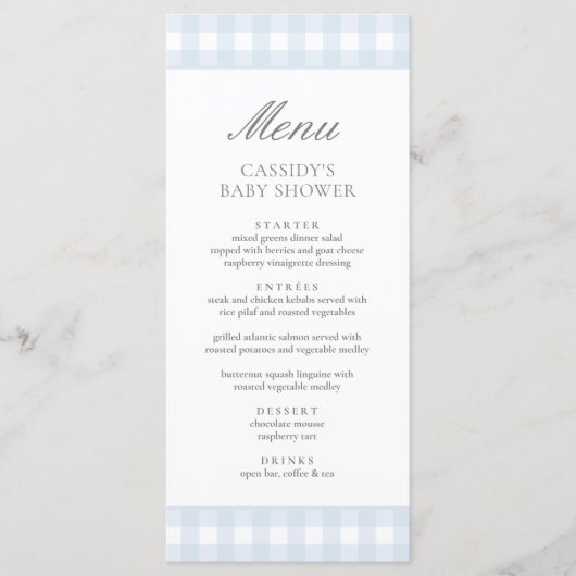 Menu Baby shower de garçon classique En vichy bleu (Devant)