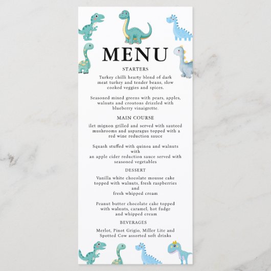 Menu Baby Shower Dinosaure Élégant Blanc (Devant)