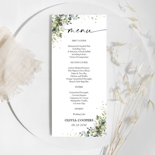 Menu Baby shower Eucalyptus Floral Green