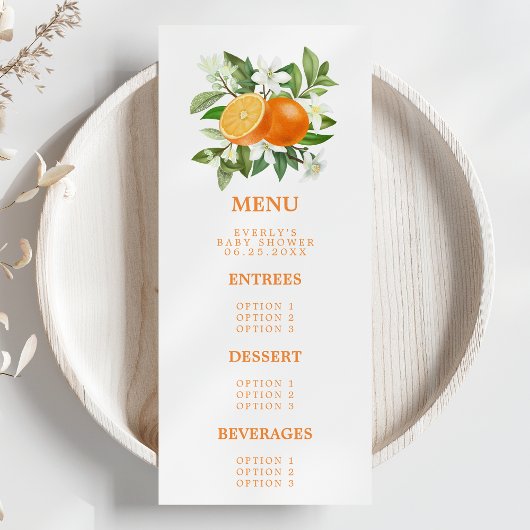 Menu Baby Shower Fête de Bébé Orange Citrus Little Cuti
