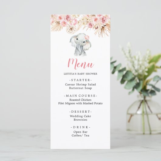 Menu Baby shower Fille Eléphante Boho Rose (Debout devant)