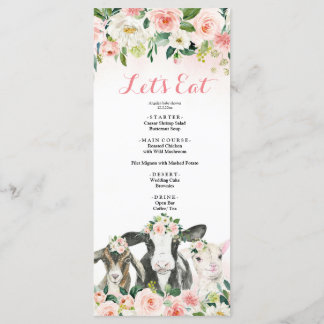 Menu Baby shower Fille Florale d'animal de ferme
