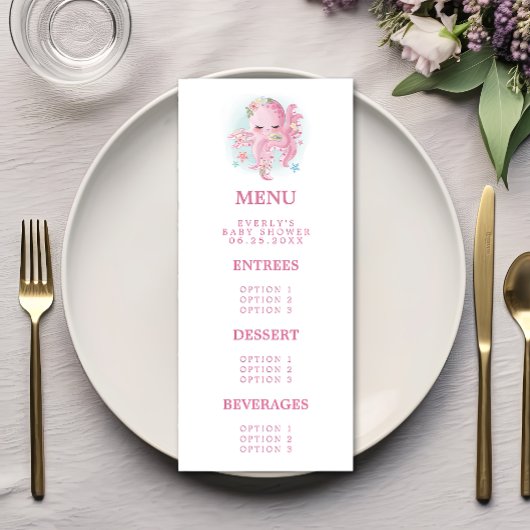 Menu Baby shower fille octopus rose Aquarelle