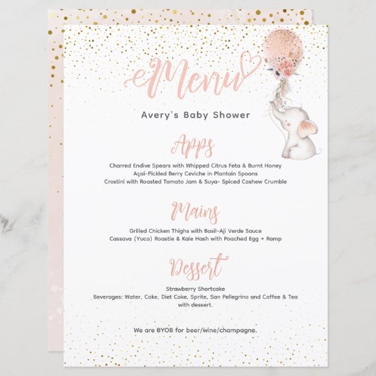 Menu Baby shower Fille simple Eléphant (Devant / Derrière)