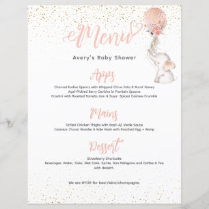 Menu Baby shower Fille simple Eléphant
