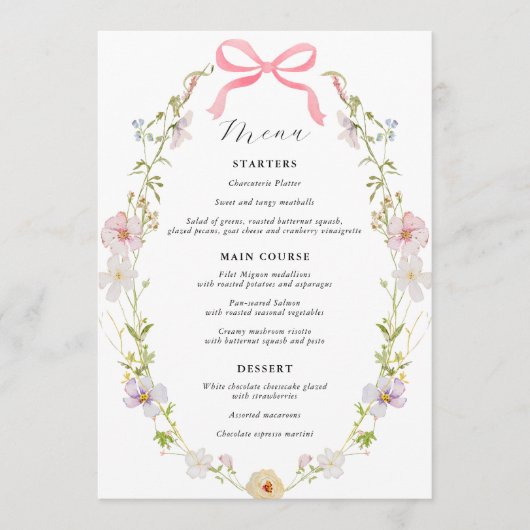 Menu Baby shower Fleur sauvage rose Bow (Devant)