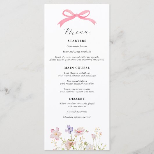 Menu Baby shower Fleur sauvage rose Bow (Devant)