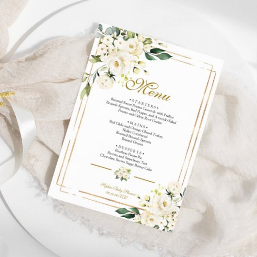 Menu Baby shower Fleurs blanches et cadres or
