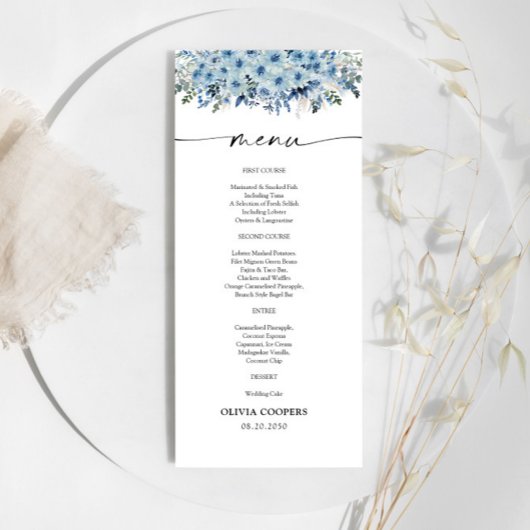 Menu Baby shower Floral Boho Bleu