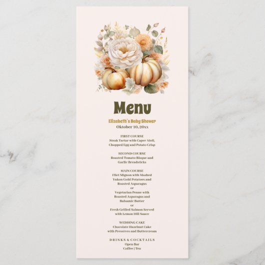 Menu Baby shower floral de petite citrouille (Devant)