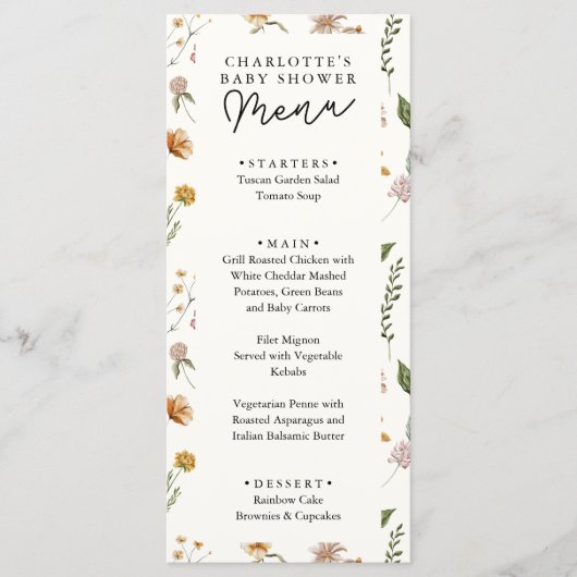 Menu Baby shower ivoire petit Fleur sauvage (Devant)