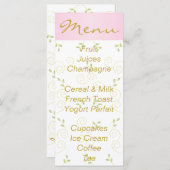 Menu baby shower "Oiseaux roses d'or" (Devant / Derrière)