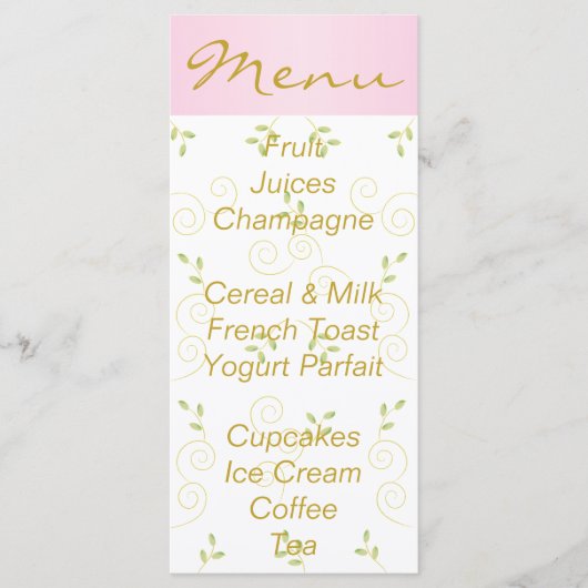 Menu baby shower "Oiseaux roses d'or" (Devant)