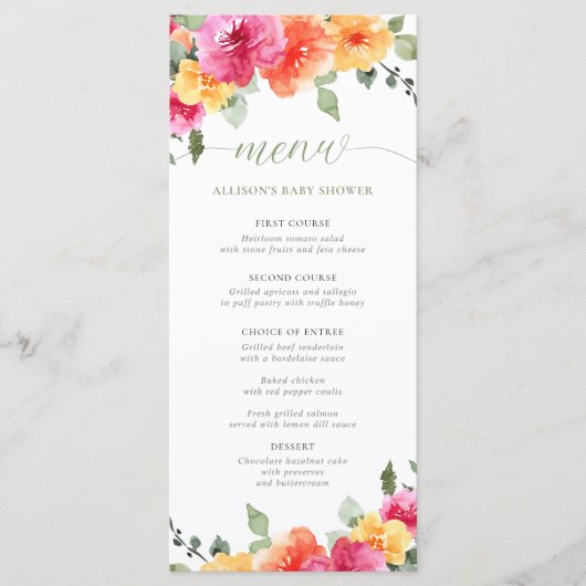 Menu baby shower orange rose chaud fleuri (Devant)