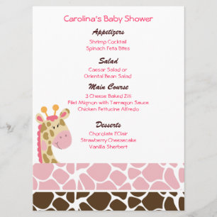 Menu Baby shower personnalisé Jungle Giraffe rose