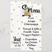 Menu baby shower "Pingouin pour bébé doré" (Devant / Derrière)