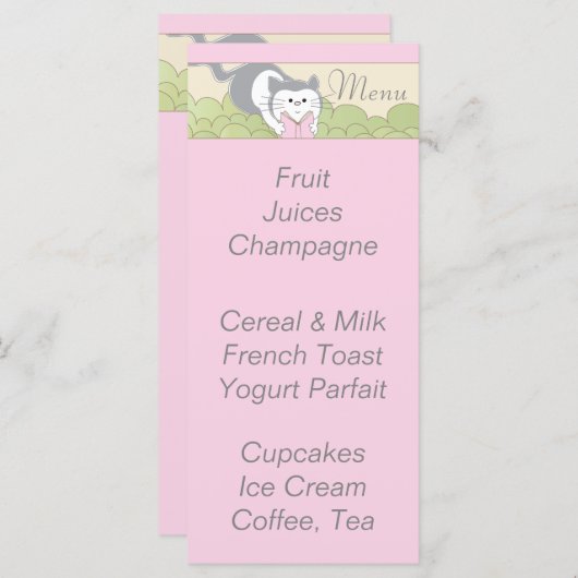 Menu baby shower "Pink Cat Library" (Devant / Derrière)
