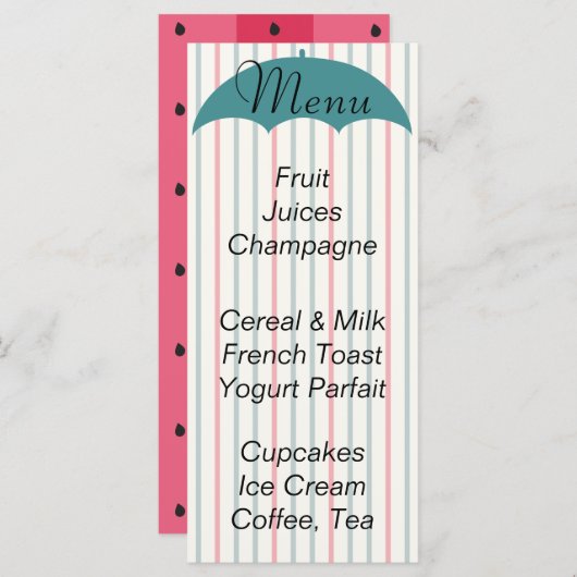 Menu baby shower "Pique-nique Parapluie" (Devant / Derrière)