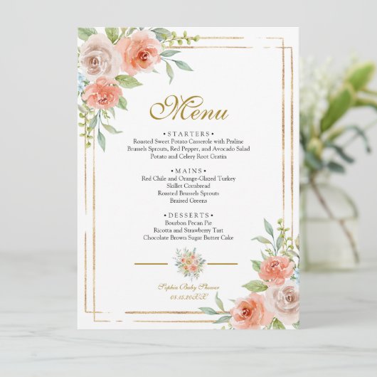 Menu Baby shower Rose & Gold Frame (Debout devant)