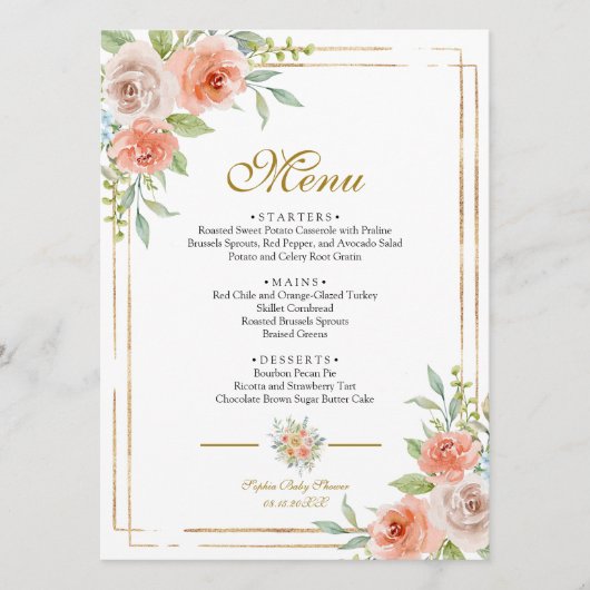 Menu Baby shower Rose & Gold Frame (Devant)