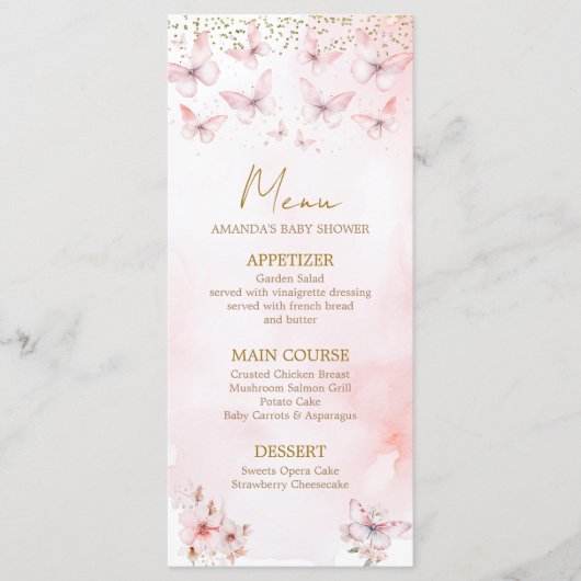 Menu Baby shower rose papillon Baby shower fille (Devant)