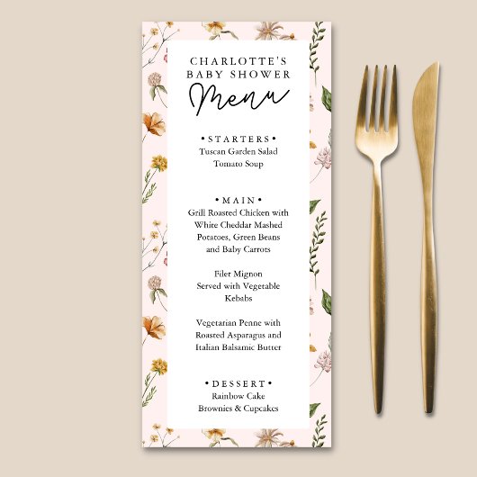 Menu Baby shower rose petit Fleur sauvage