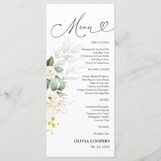 Menu Baby shower Roses blanches (Devant)