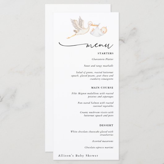 Menu Baby shower Stork (Devant / Derrière)