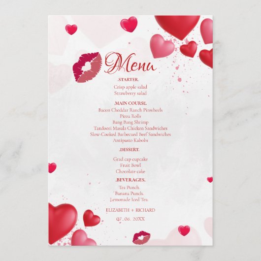 Menu Baiser de la Saint-Valentin rose Fête de la douche (Devant)